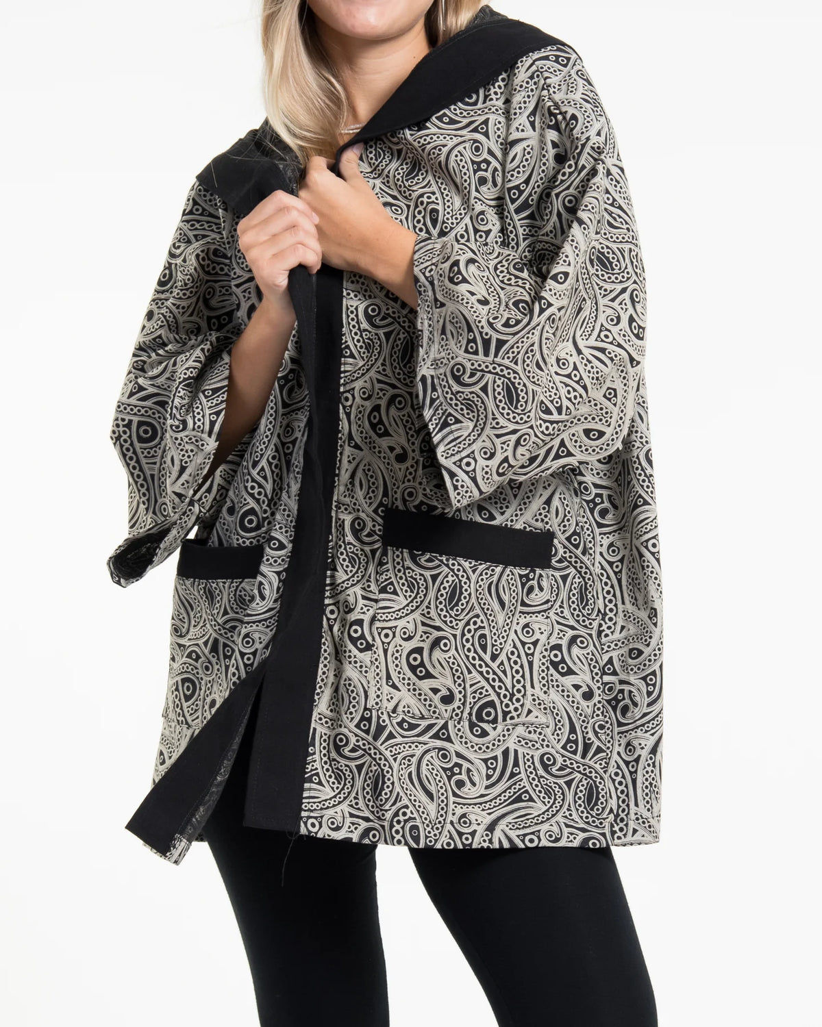Unisex Paisley Print Cotton Hoodie Kimono Cardigan in Black