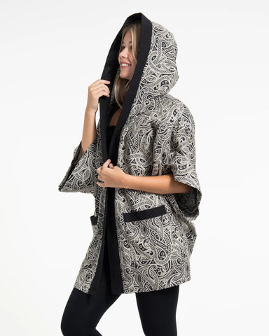 Unisex Paisley Print Cotton Hoodie Kimono Cardigan in Black