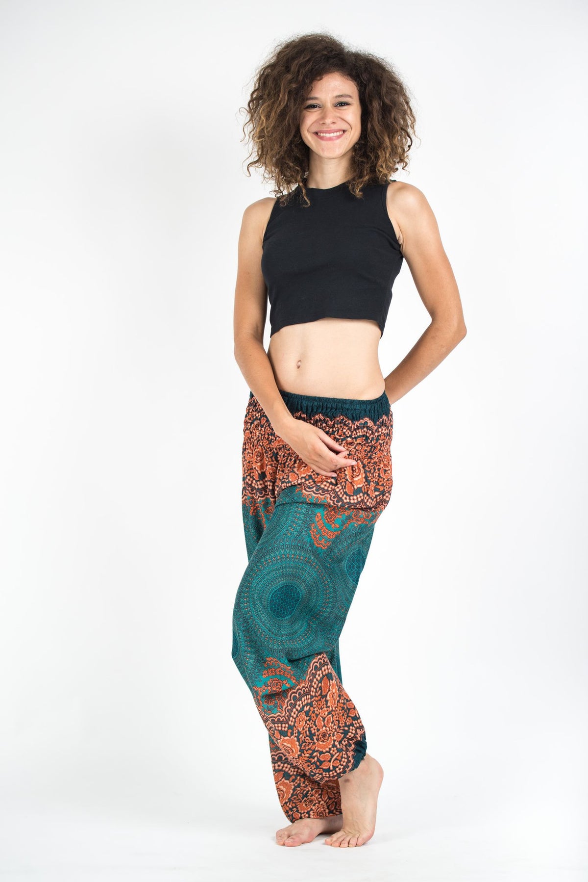 Geometric Mandalas Unisex Harem Pants in Turquoise