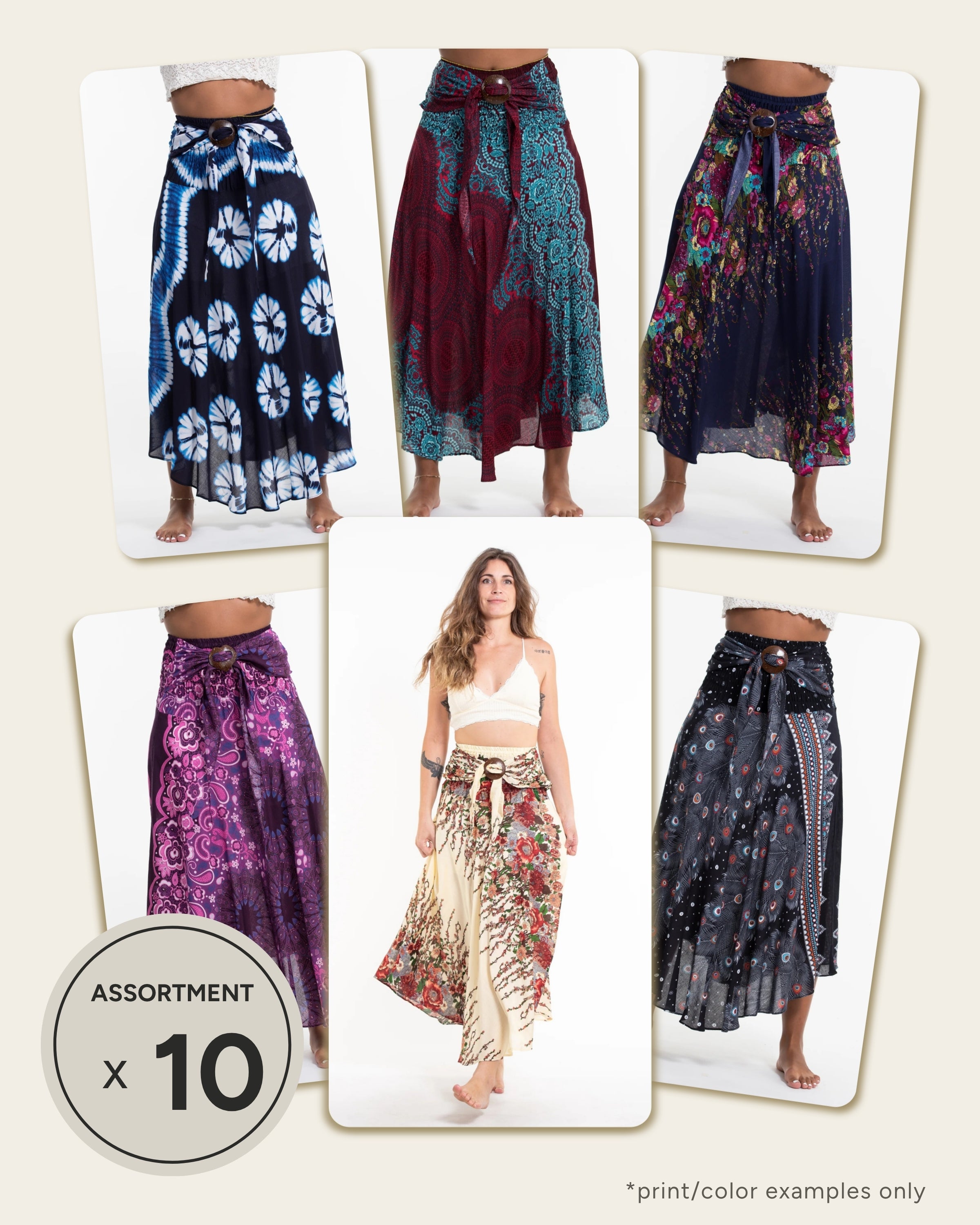 Assorted set of 10 Smocked Maxi Skirt with Coconut Buckle
