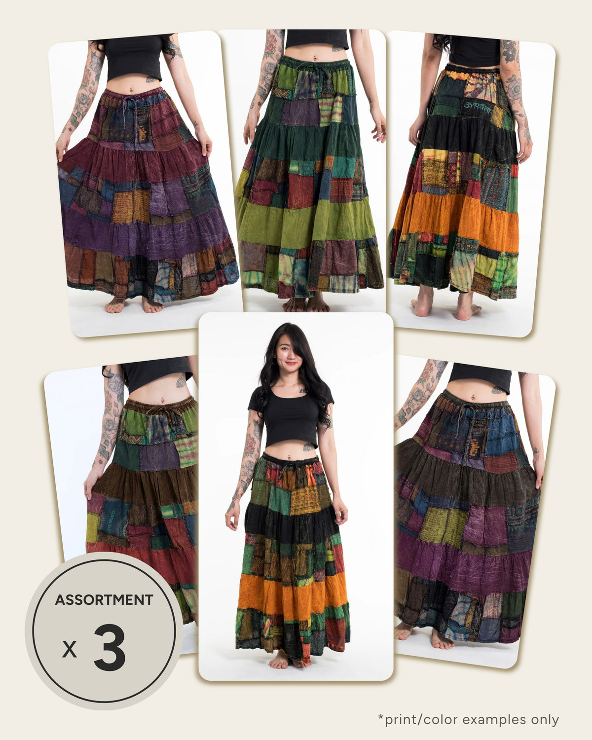 Assorted set of 3 Patchwork Stonewashed Long Skirt