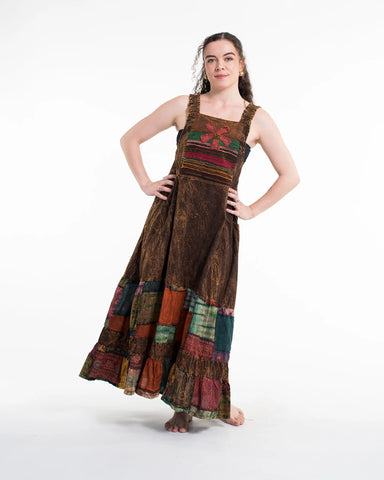 Patchwork Stonewash Overall Dress in Multi Brown