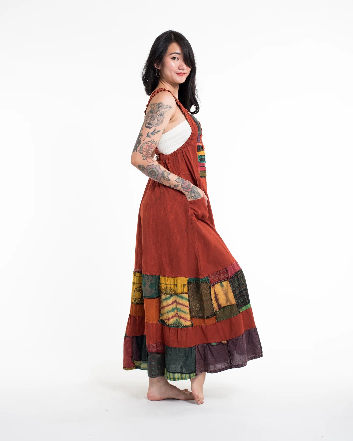 Patchwork Stonewash Overall Dress in Multi Orange