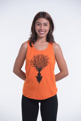 Super Soft Cotton Womens Meditation Tree Tank Top in Orange