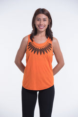 Super Soft Cotton Womens Feather Necklace Tank Top in Orange