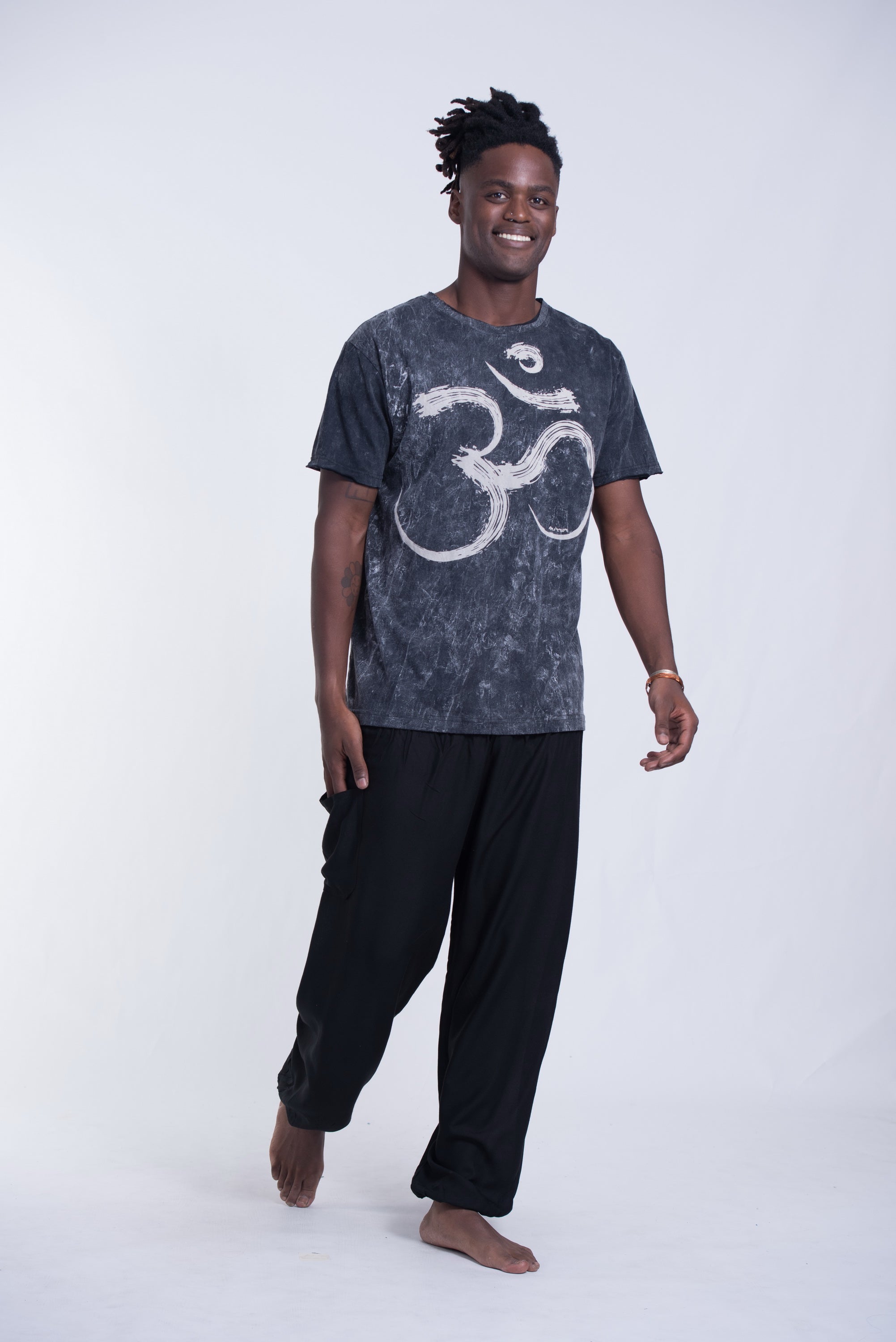 Unisex Om Stone Washed, Stone Washed Fabric Cotton T-Shirt in Black