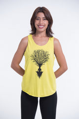 Super Soft Cotton Womens Meditation Tree Tank Top in Yellow