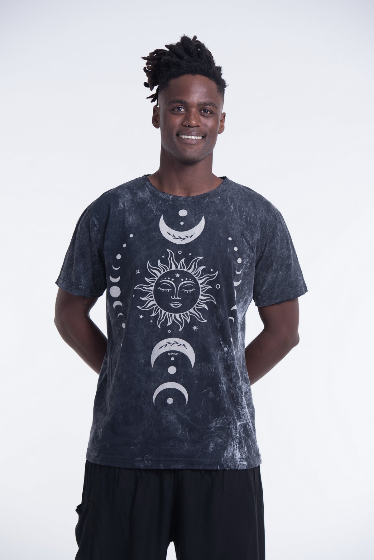 Unisex Sun Moon Stone Washed, Stone Washed Fabric Cotton T-Shirt in Black