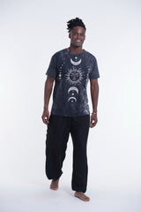 Unisex Sun Moon Stone Washed, Stone Washed Fabric Cotton T-Shirt in Black