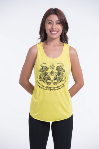 Super Soft Cotton Womens Tiger Tattoo Tank Top in Yellow