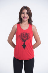 Super Soft Cotton Womens Meditation Tree Tank Top in Red