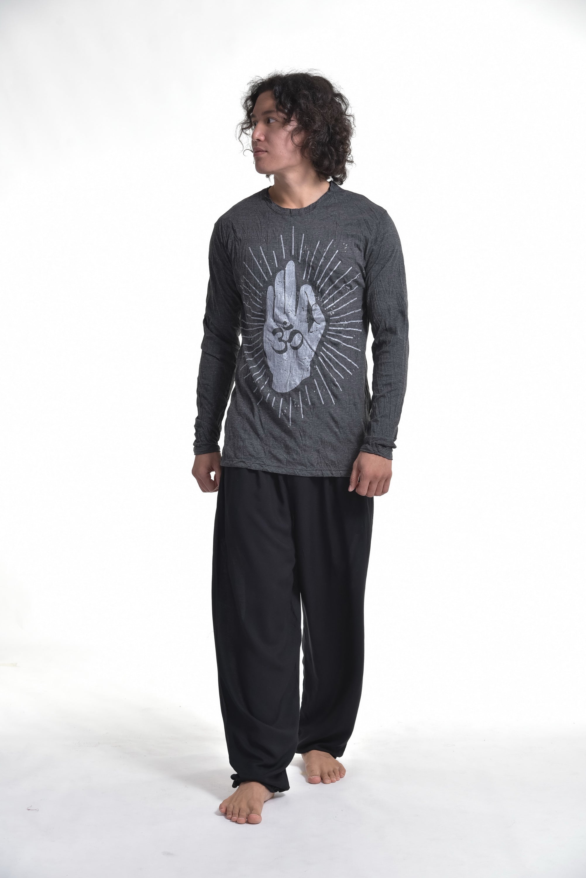 Sure Design Unisex Hand of Om Long Sleeve T-Shirt Silver on Black