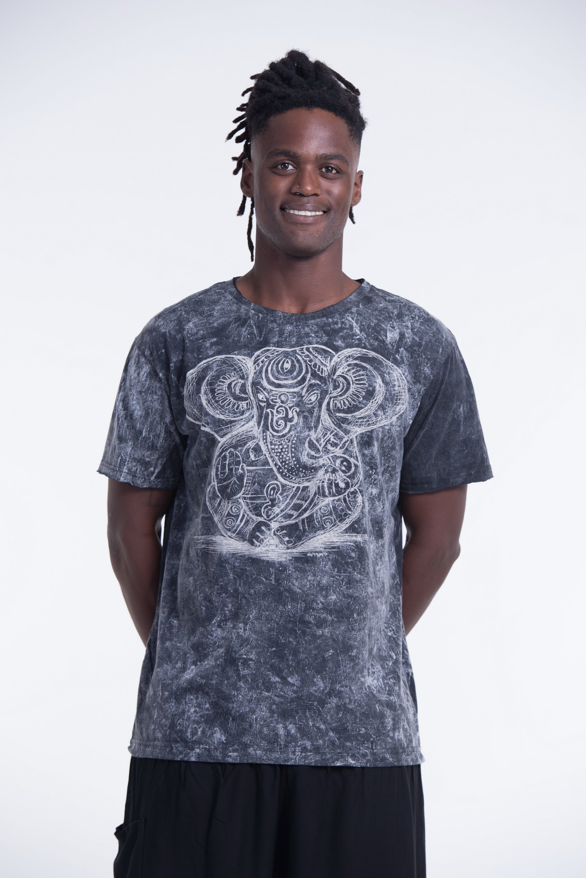 Unisex Ganesh Stone Washed, Stone Washed Fabric Cotton T-Shirt in Black