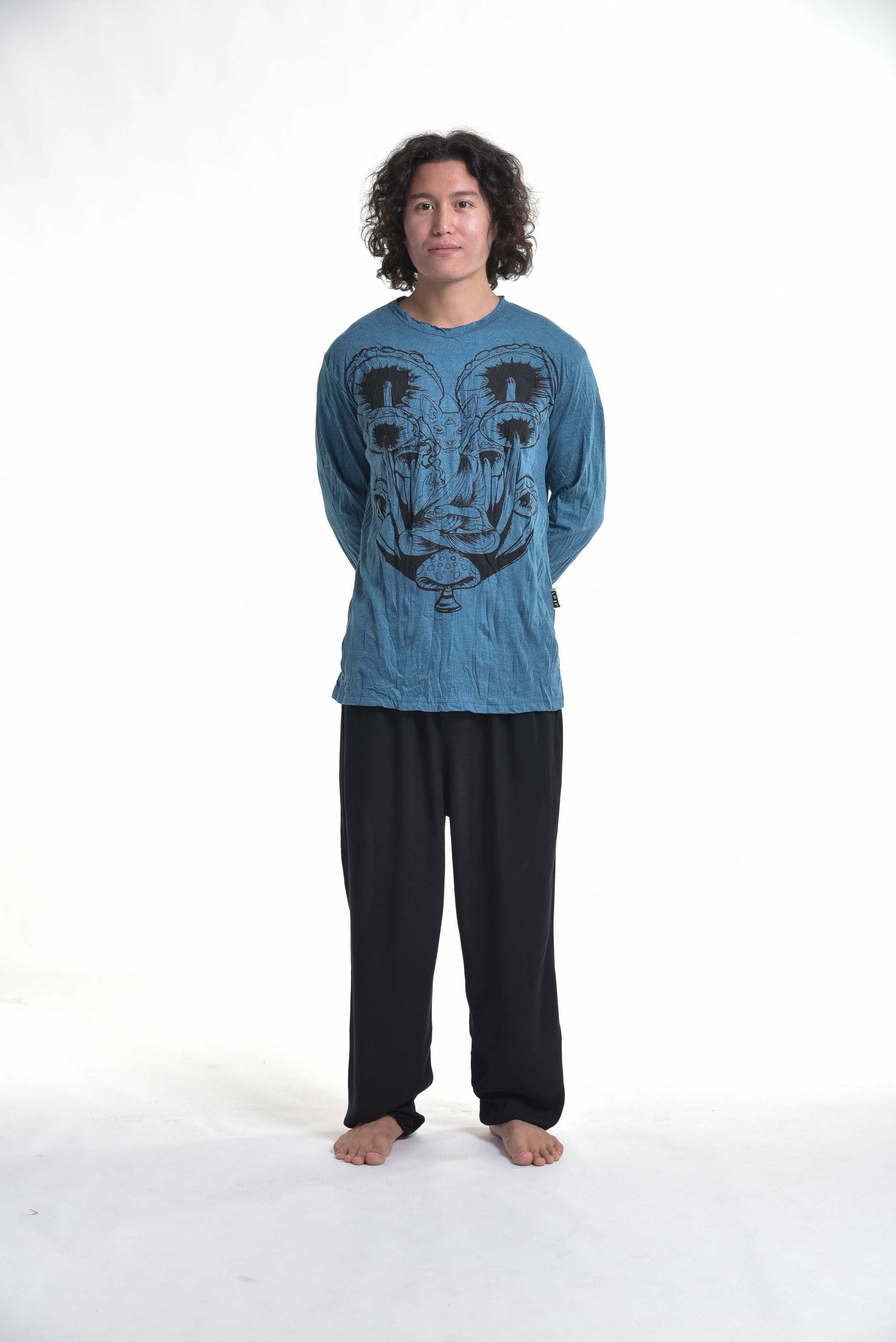 Sure Design Unisex Spiritual Shroom Cat Long Sleeve T-Shirt Denim Blue