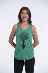 Super Soft Cotton Womens Meditation Tree Tank Top in Green