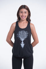 Super Soft Cotton Womens Meditation Tree Tank Top in Black