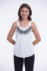 Super Soft Cotton Womens Feather Necklace Tank Top in White