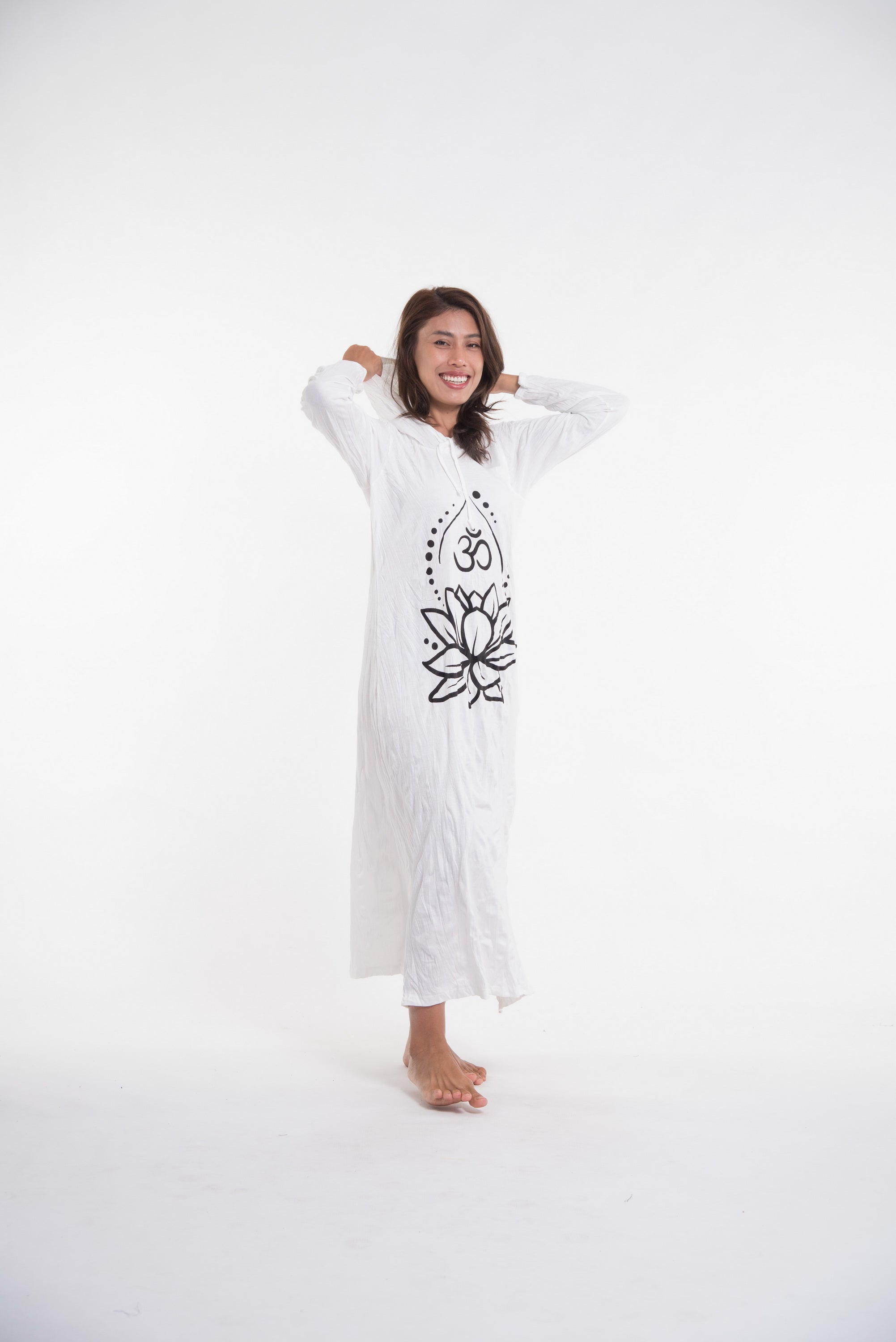 Sure Design Womens Lotus Om Long Sleeve Hoodie Dress White