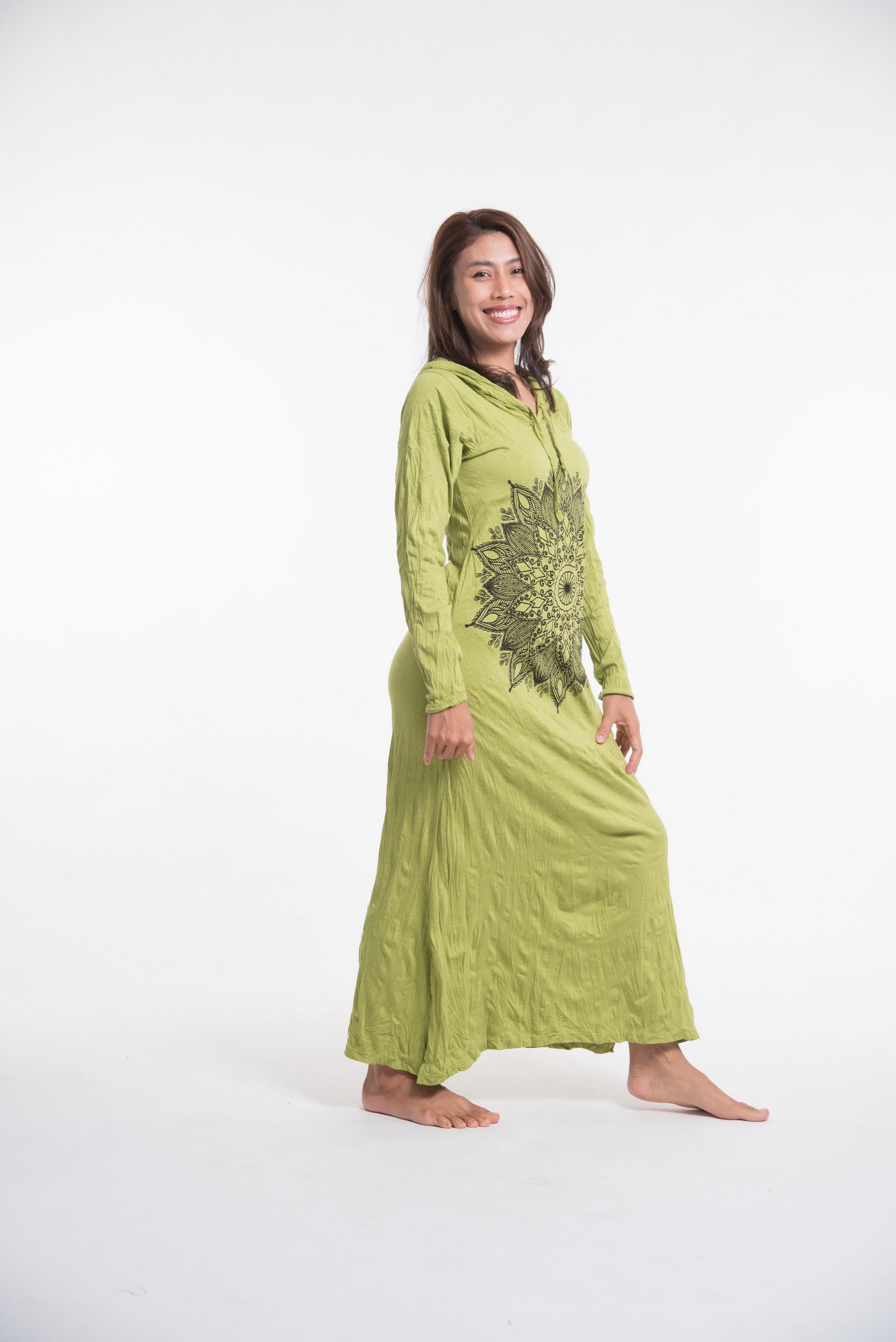 Sure Design Womens Lotus Mandala Long Sleeve Hoodie Dress Lime