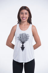 Super Soft Cotton Womens Meditation Tree Tank Top in White