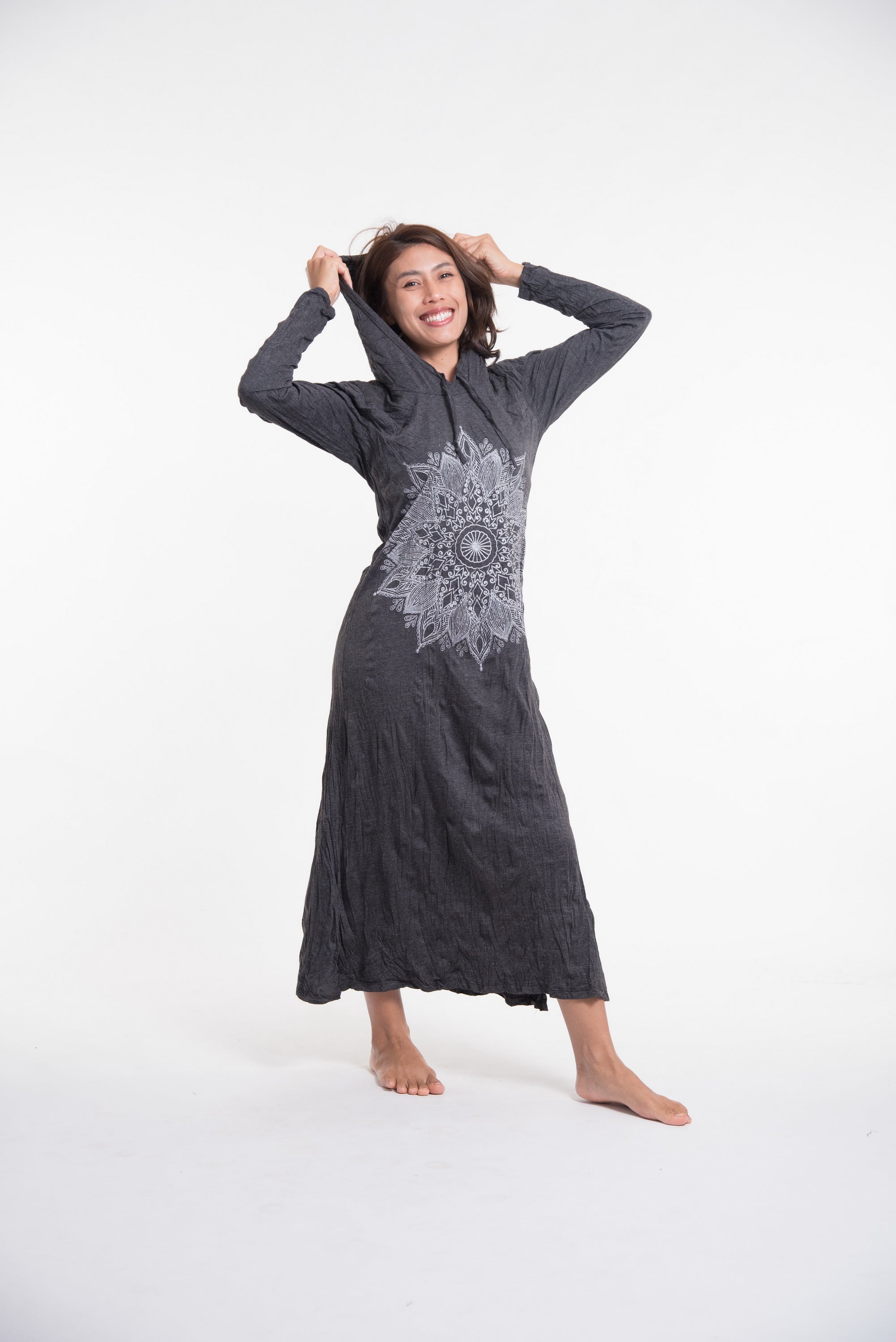 Sure Design Womens Lotus Mandala Long Sleeve Hoodie Dress Silver on Black