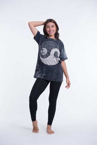 Unisex Yin Yang Stone Washed, Stone Washed Fabric Cotton T-Shirt in Black