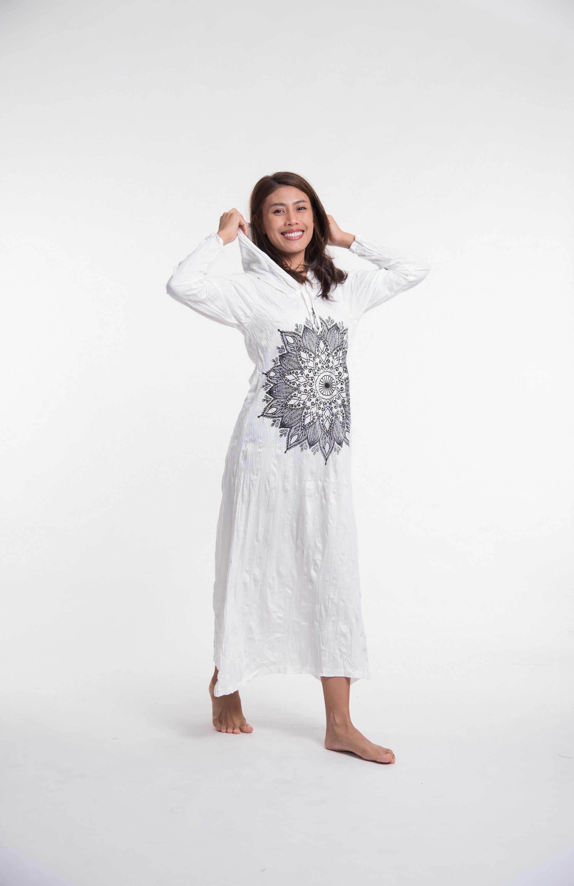 Sure Design Womens Lotus Mandala Long Sleeve Hoodie Dress White