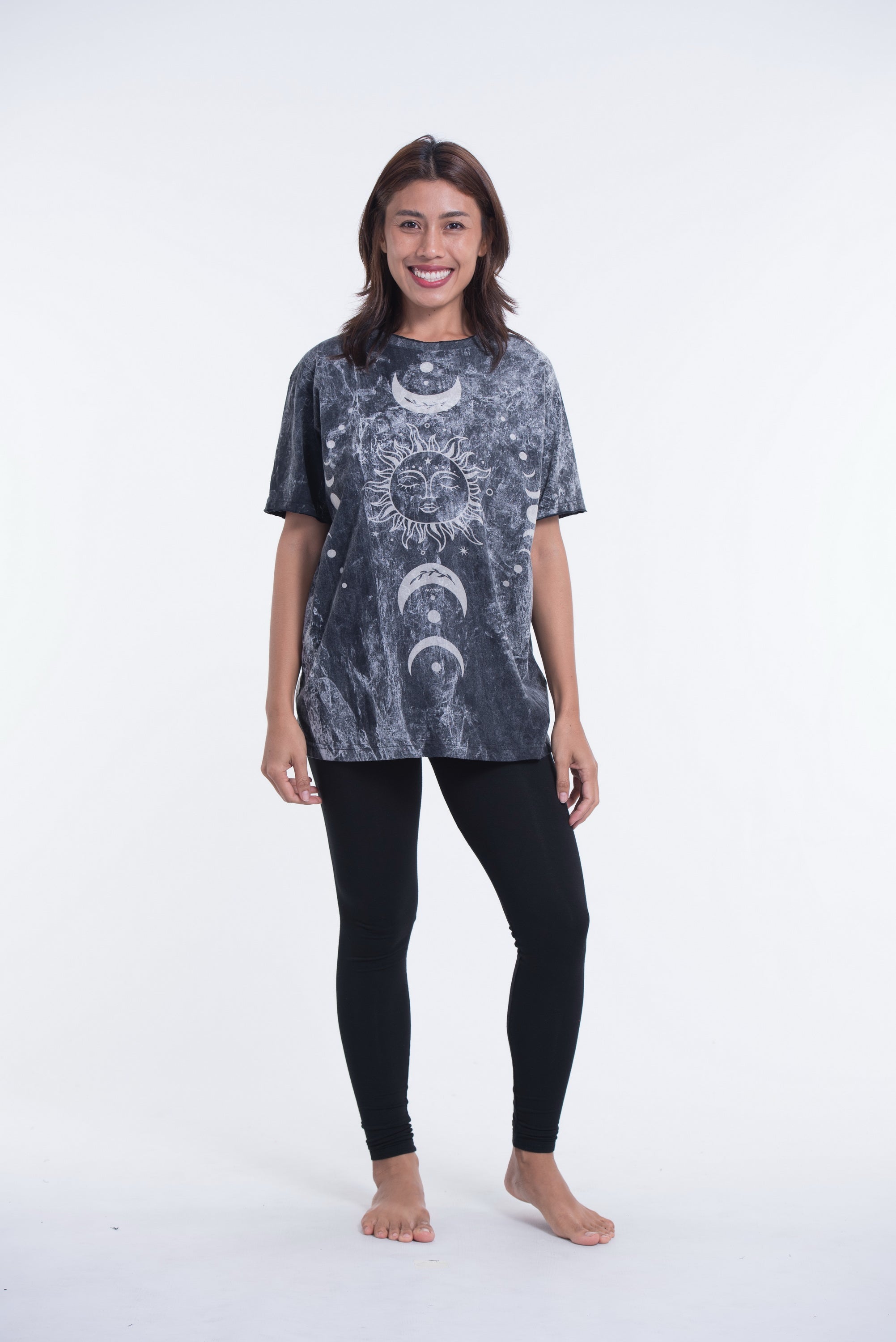 Unisex Sun Moon Stone Washed, Stone Washed Fabric Cotton T-Shirt in Black