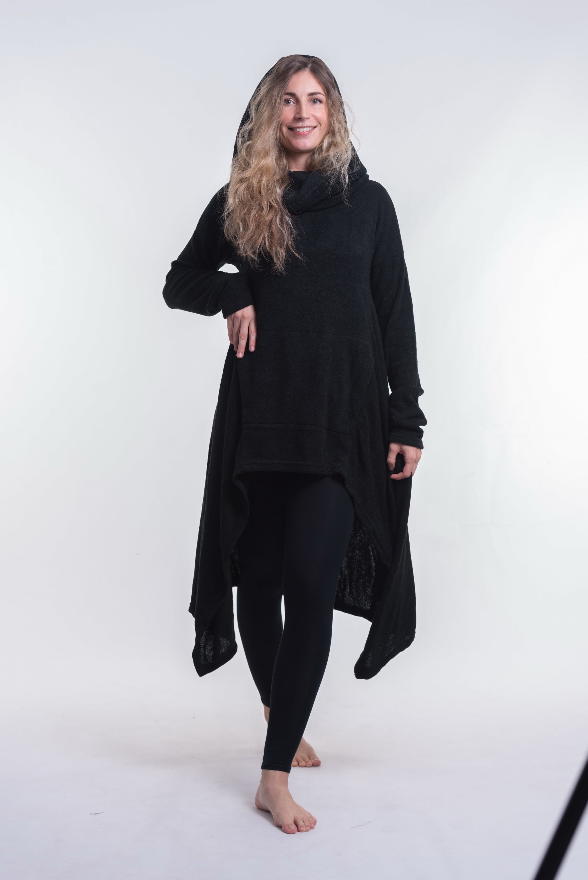Ultra Long Hooded Sweater in Black