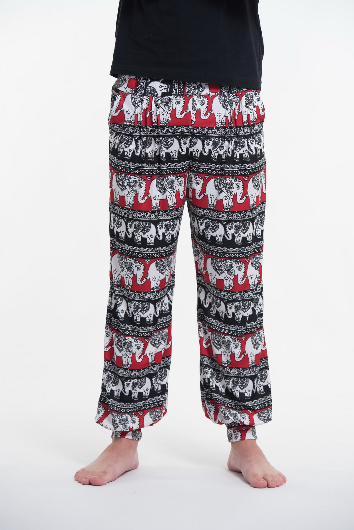 Unisex Eco-Friendly Elephant Harem Pants in Black and Red