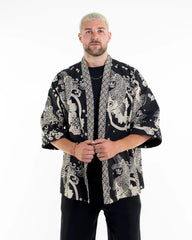 Unisex Koi Fish Print Cotton Kimono Cardigan in Black