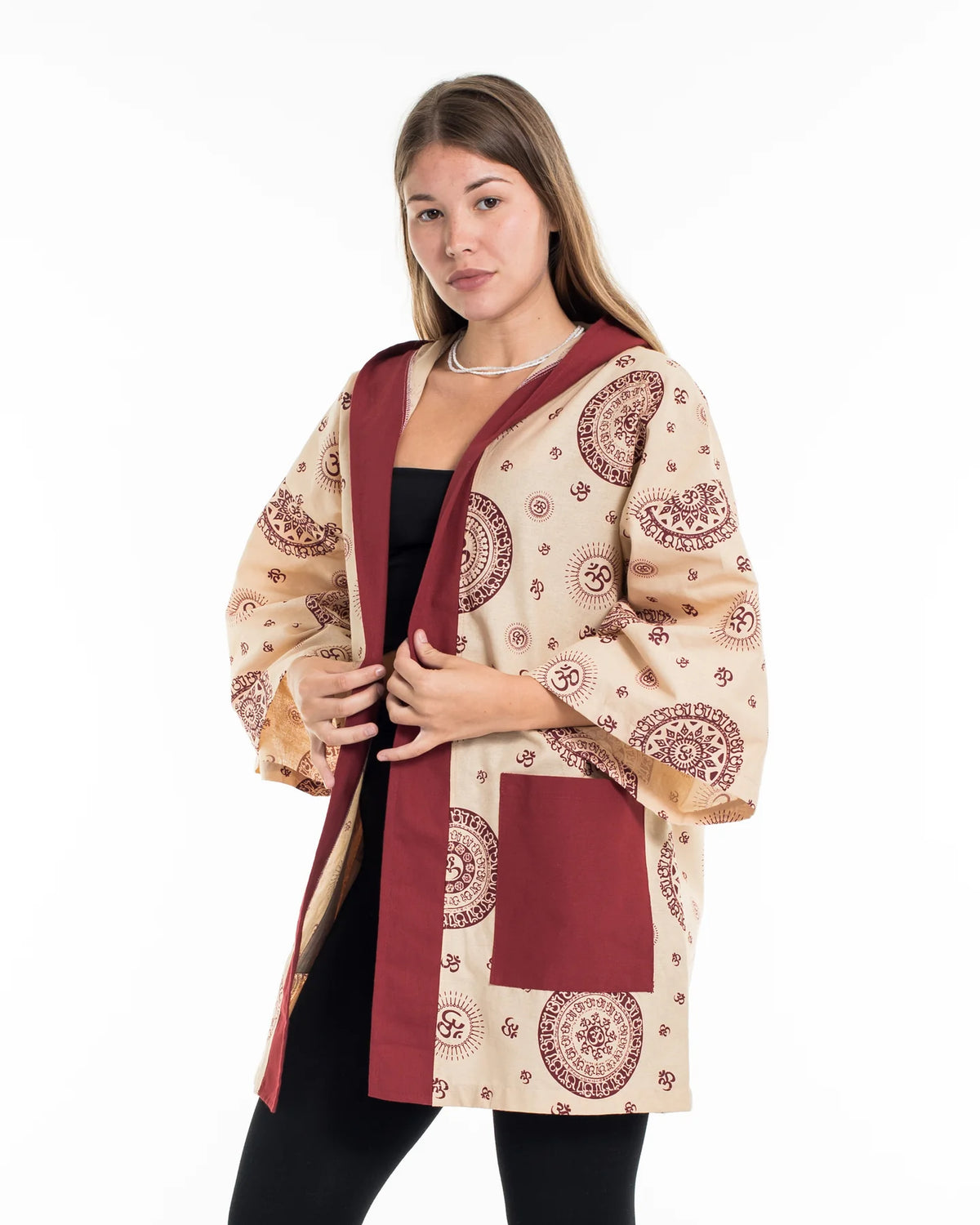 Unisex Ohm Print Cotton Hoodie Kimono Cardigan in Red