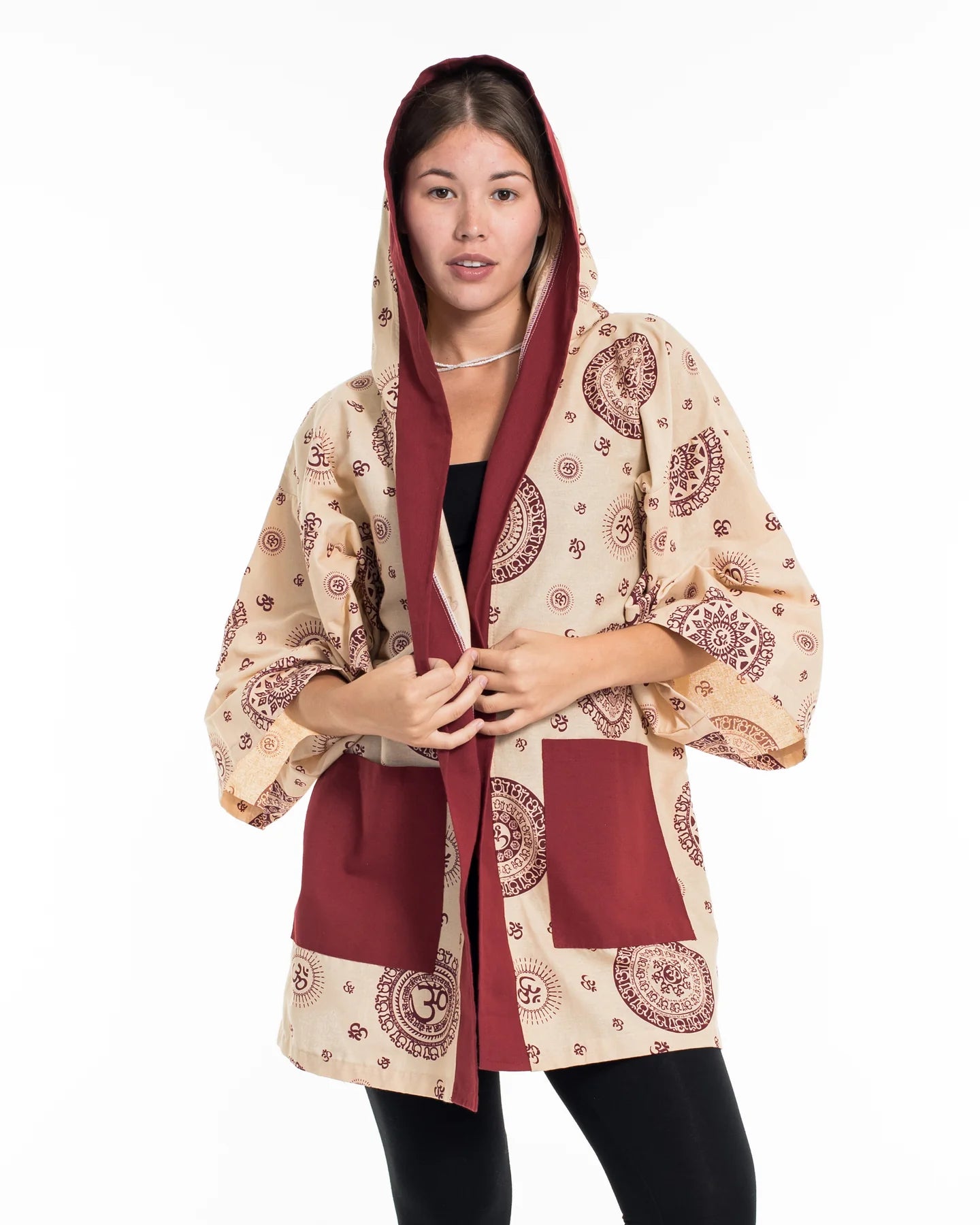 Unisex Ohm Print Cotton Hoodie Kimono Cardigan in Red