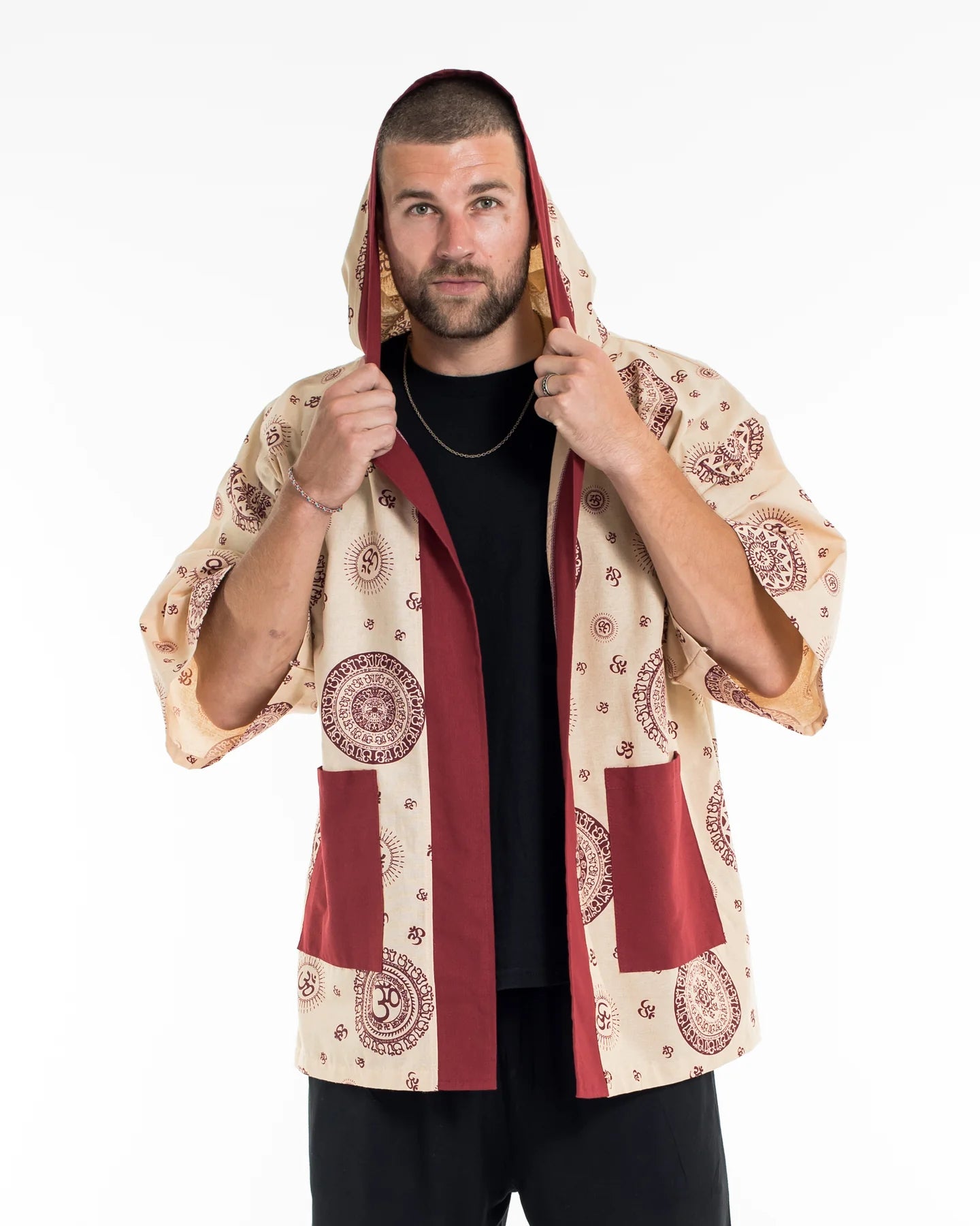 Unisex Ohm Print Cotton Hoodie Kimono Cardigan in Red