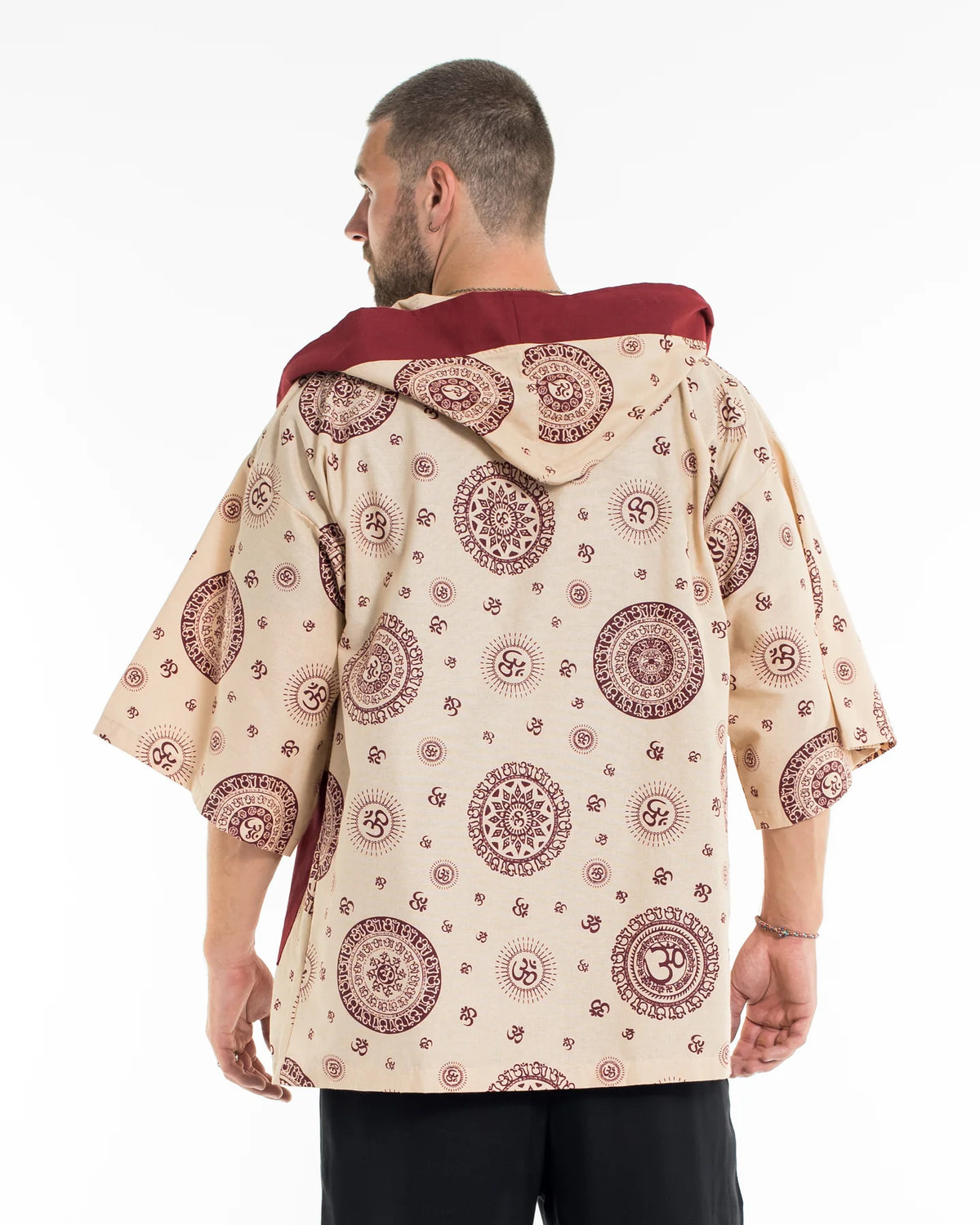 Unisex Ohm Print Cotton Hoodie Kimono Cardigan in Red