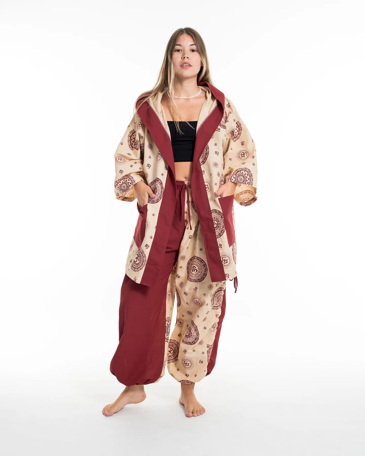 Unisex Ohm Print Cotton Hoodie Kimono Cardigan in Red