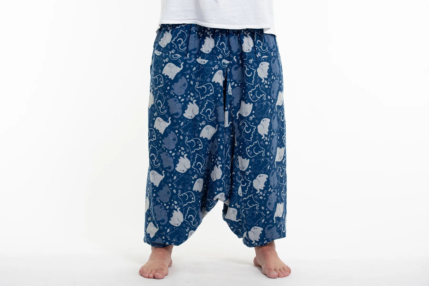 Plus Size Elephant Prints Unisex Low Cut Cotton Harem Pants in Indigo
