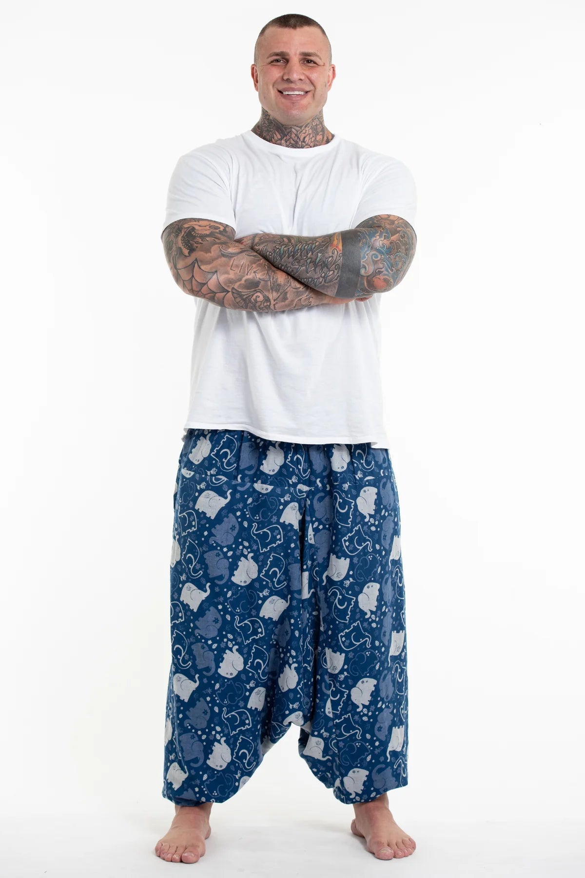 Plus Size Elephant Prints Unisex Low Cut Cotton Harem Pants in Indigo