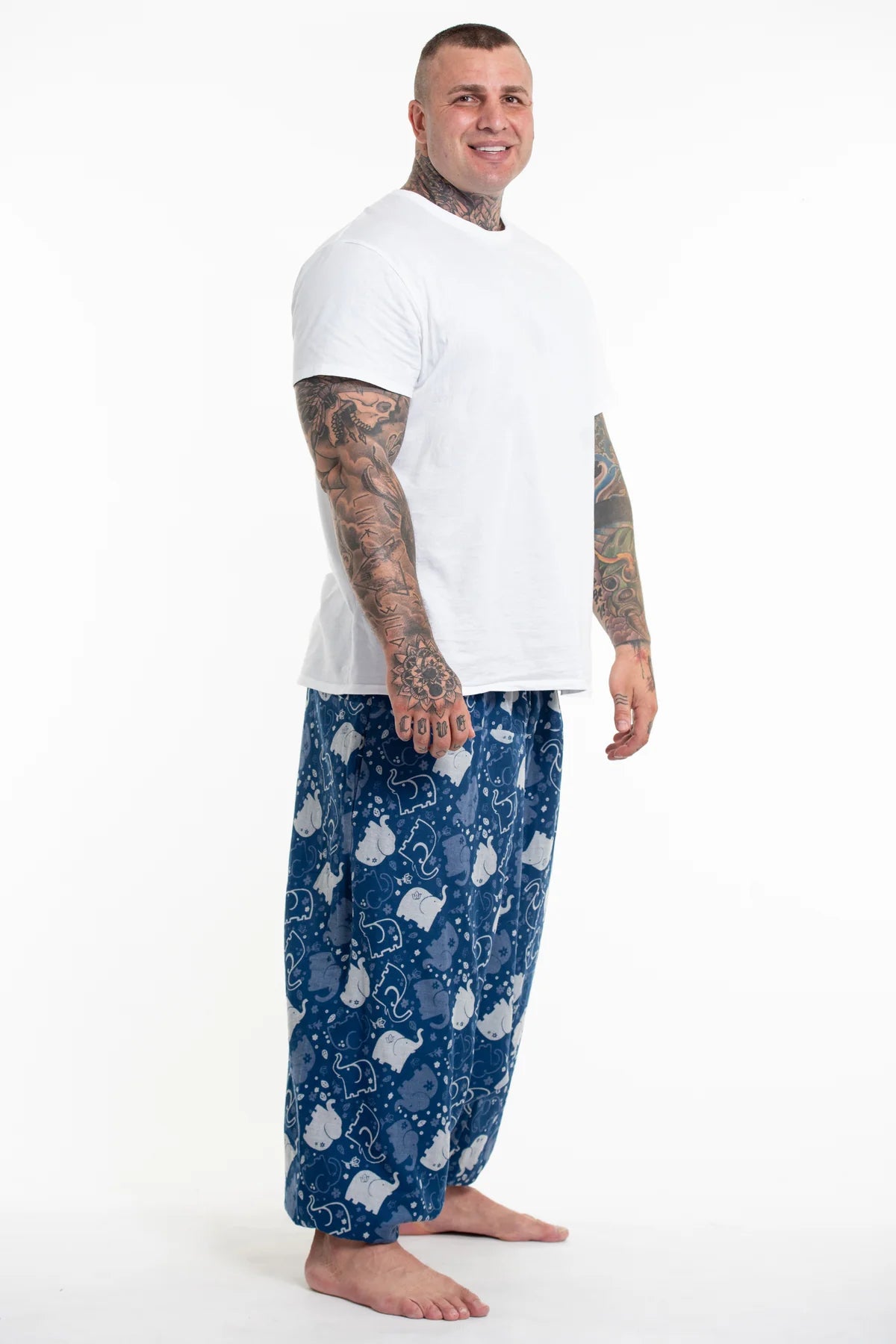 Plus Size Elephant Prints Unisex Low Cut Cotton Harem Pants in Indigo