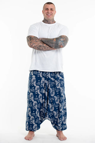Plus Size Fan Prints Unisex Low Cut Cotton Harem Pants in Indigo