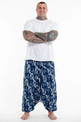 Plus Size Fan Prints Unisex Low Cut Cotton Harem Pants in Indigo