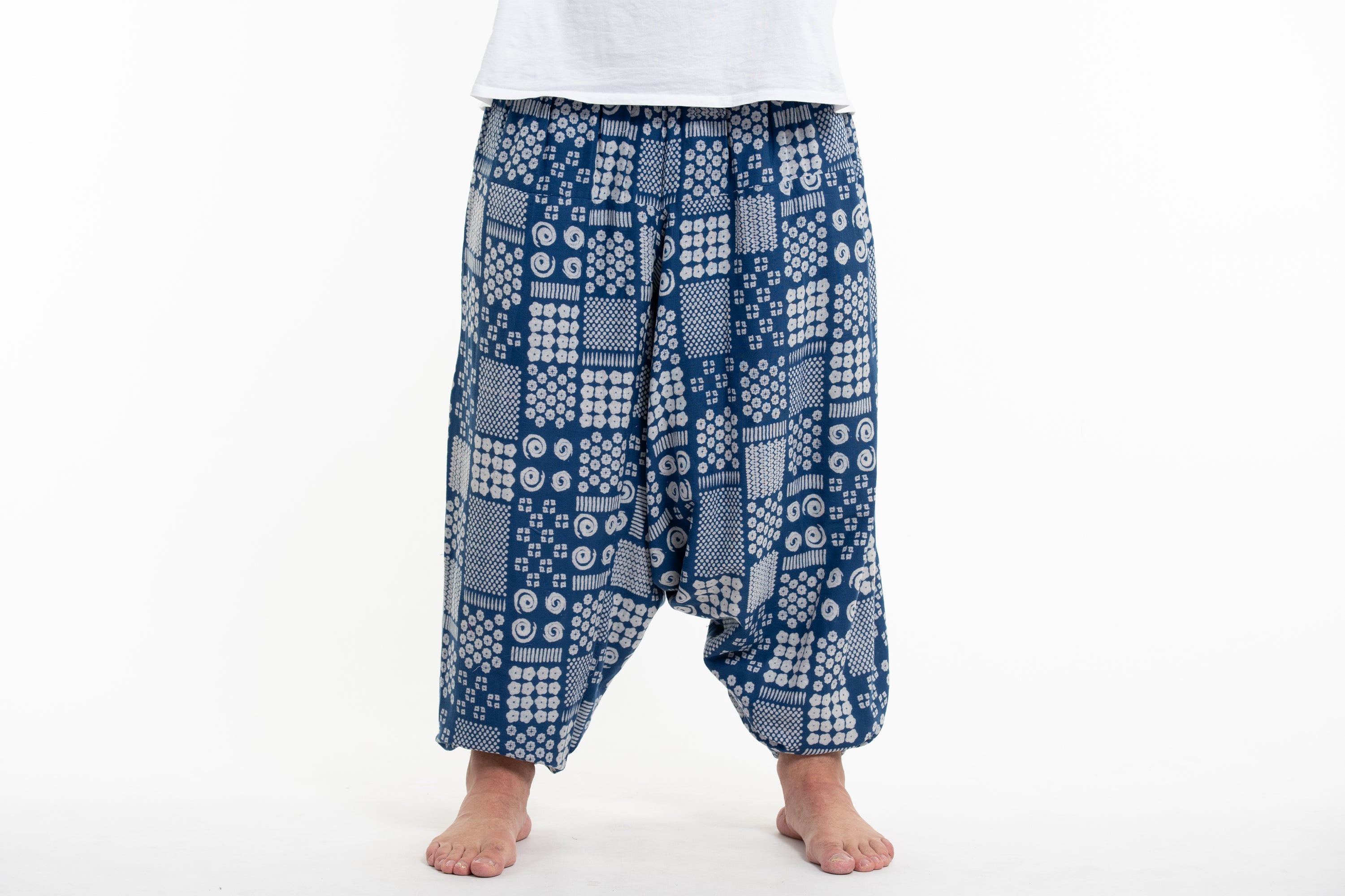 Plus Size Patchwork Prints Unisex Low Cut Cotton Harem Pants in Indigo