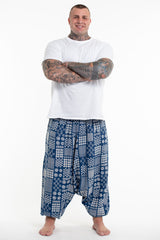 Plus Size Patchwork Prints Men's Low Cut Cotton Harem Pants in Indigo