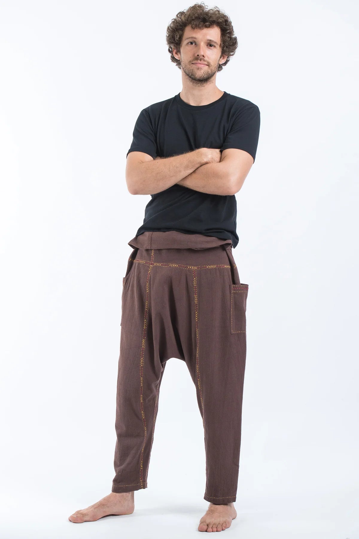 Hand Embroidered Unisex Slim Cut Fisherman Pants in Brown