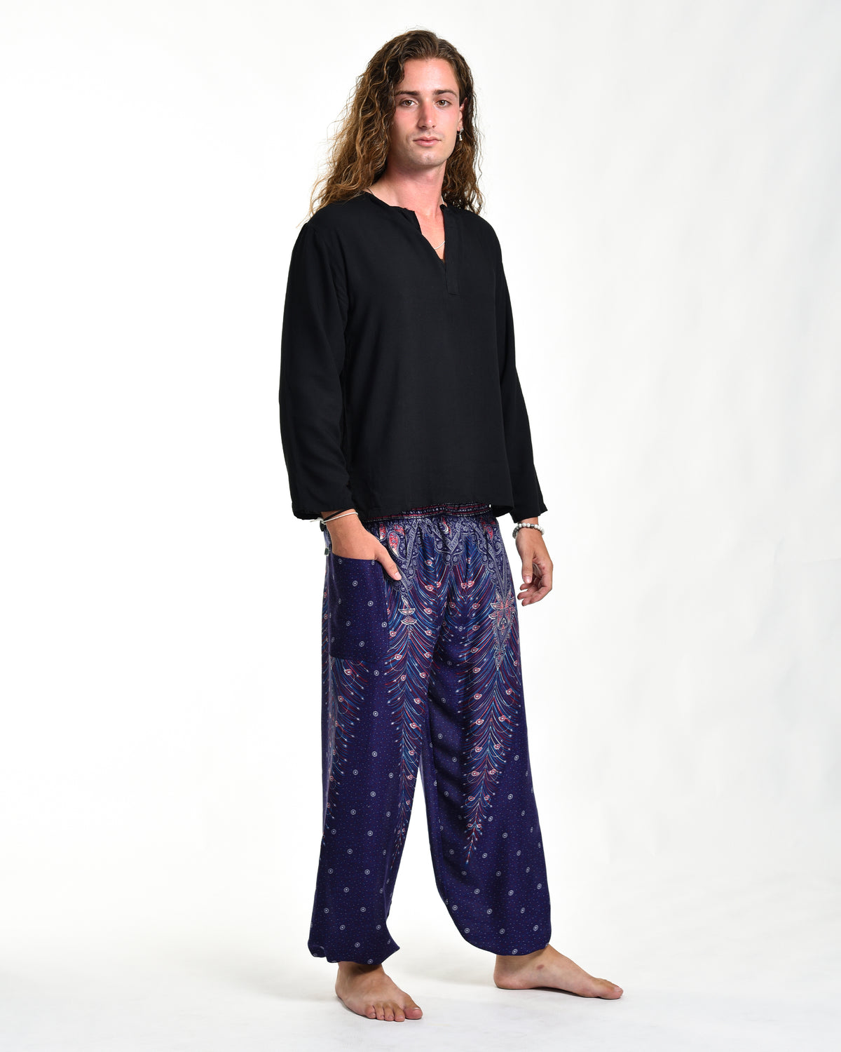 Peacock Feathers Unisex Harem Pants in Blue