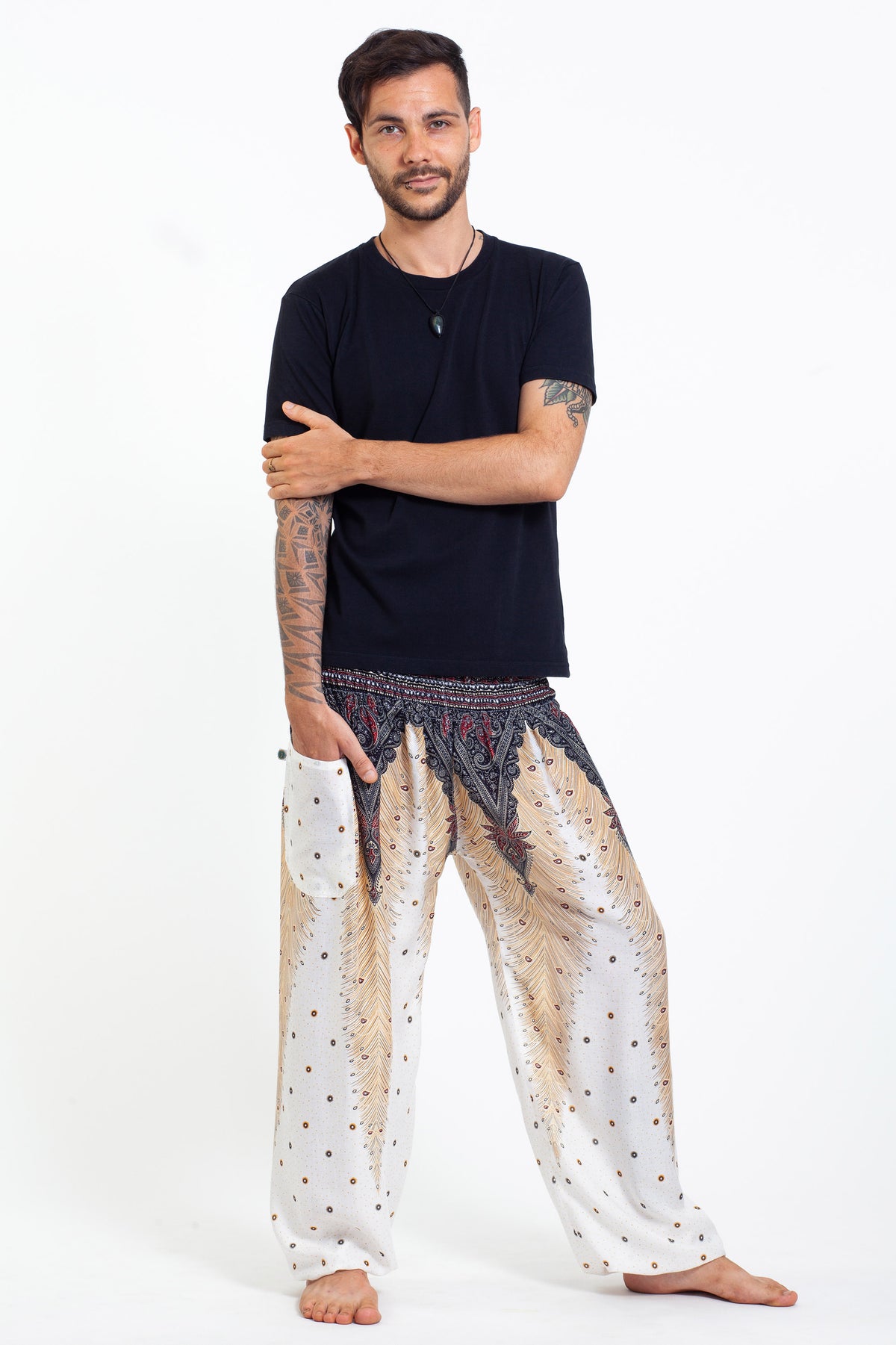 Peacock Feathers Unisex Harem Pants in White