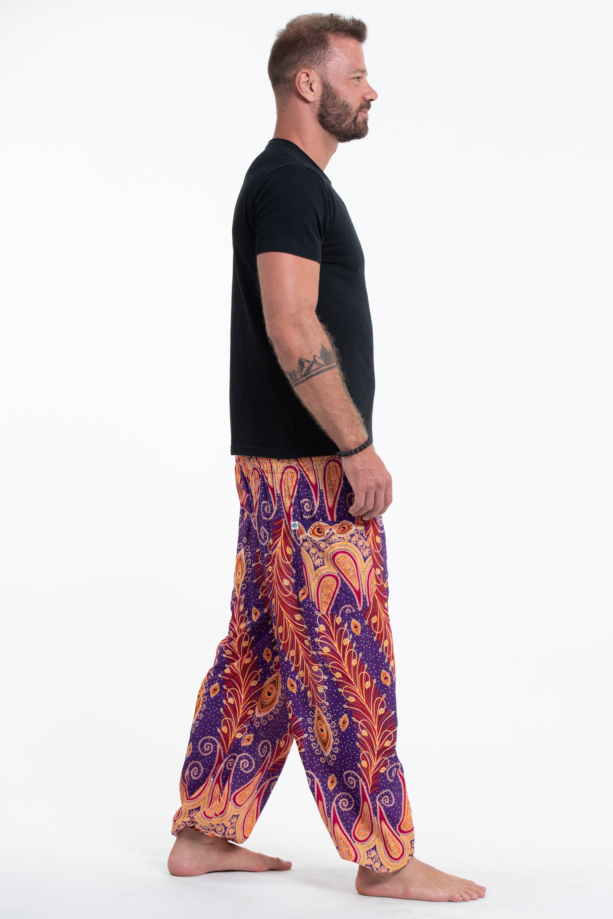 Peacock Paisley Unisex Harem Pants in Purple