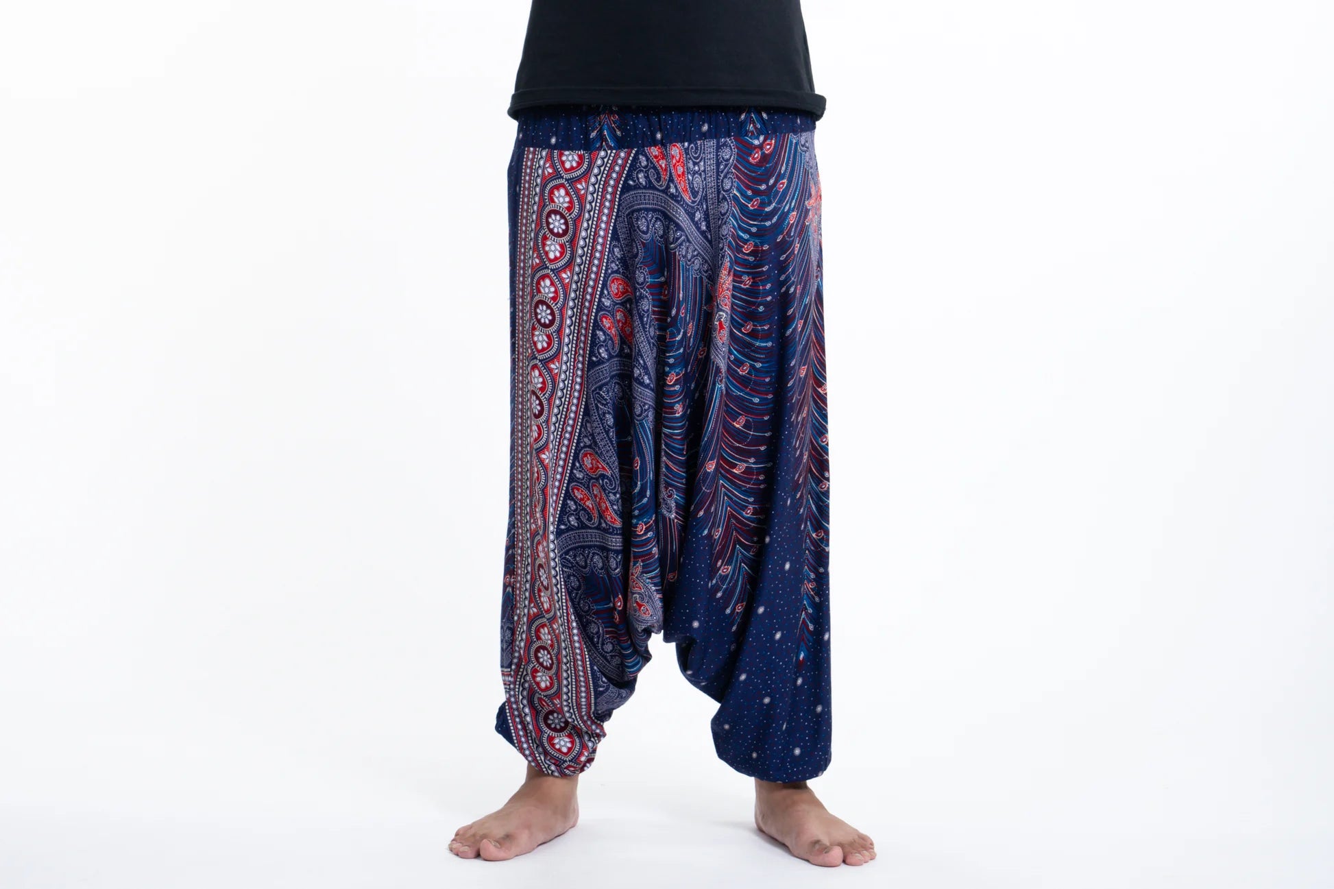 Peacock Feathers Drop Crotch Harem Pants in Blue