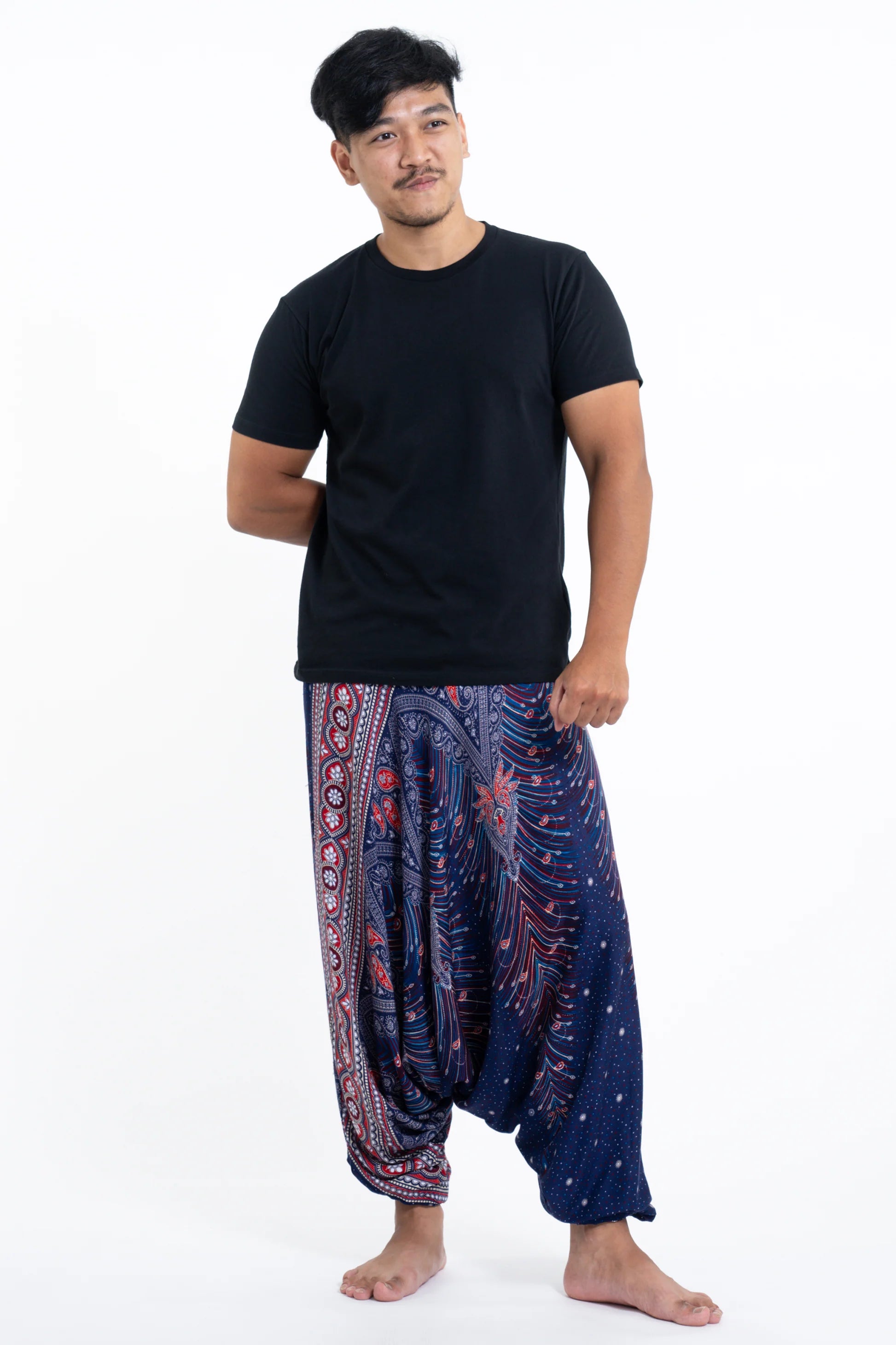 Peacock Feathers Drop Crotch Harem Pants in Blue