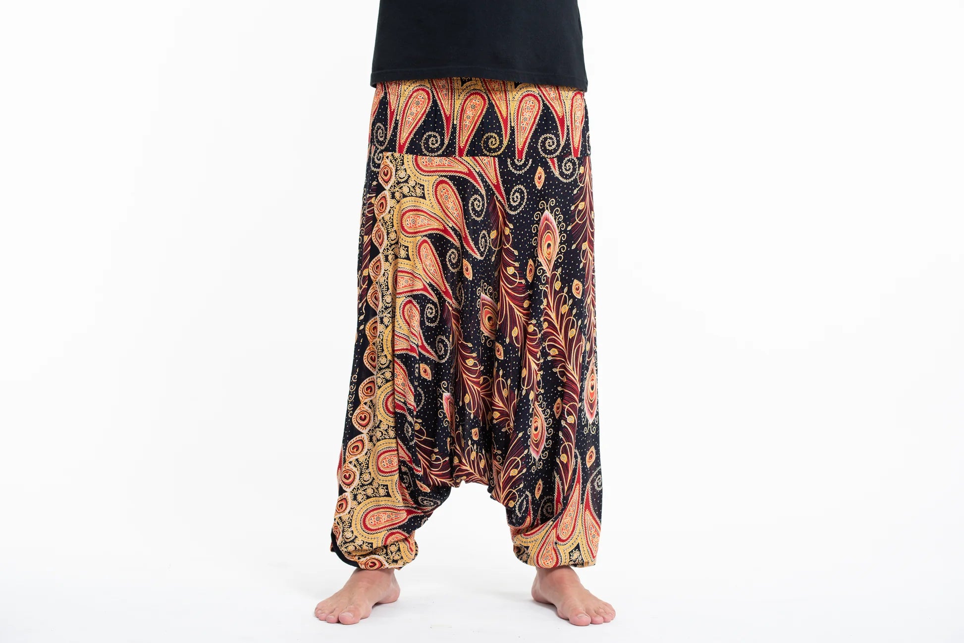 Peacock Paisley Drop Crotch Harem Pants in Black